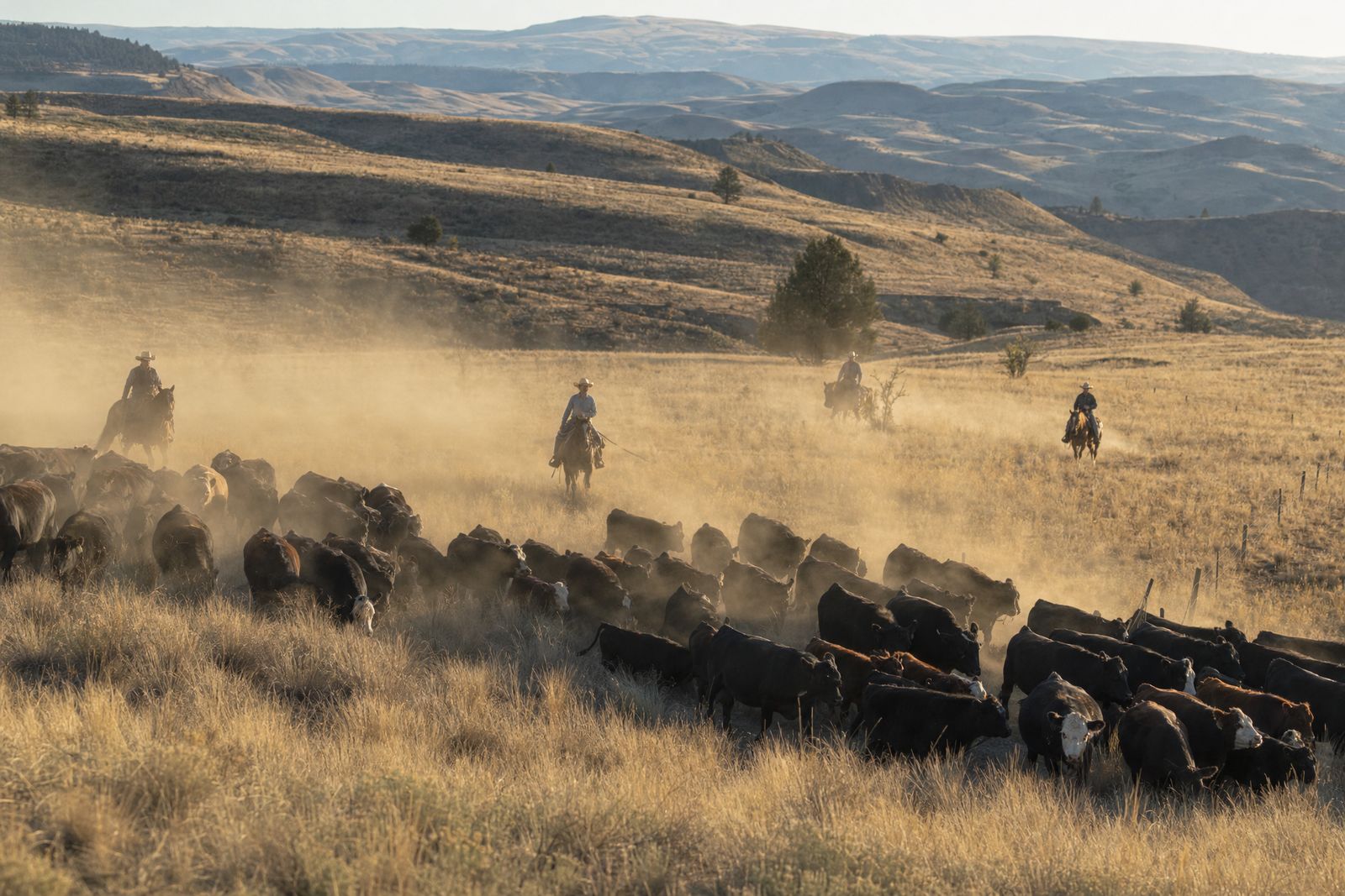 Riders moving cattle across open hills in the dust