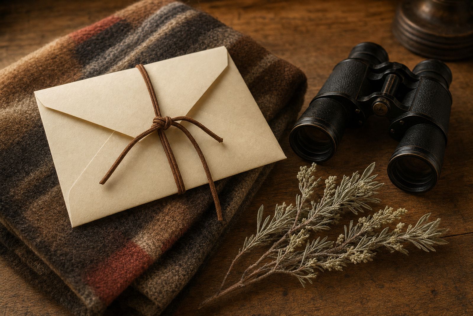 Envelope tied with leather cord beside binoculars