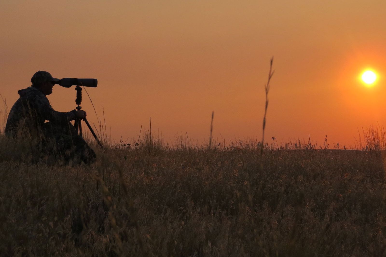 Hunter glassing open country with a spotting scope at sunset