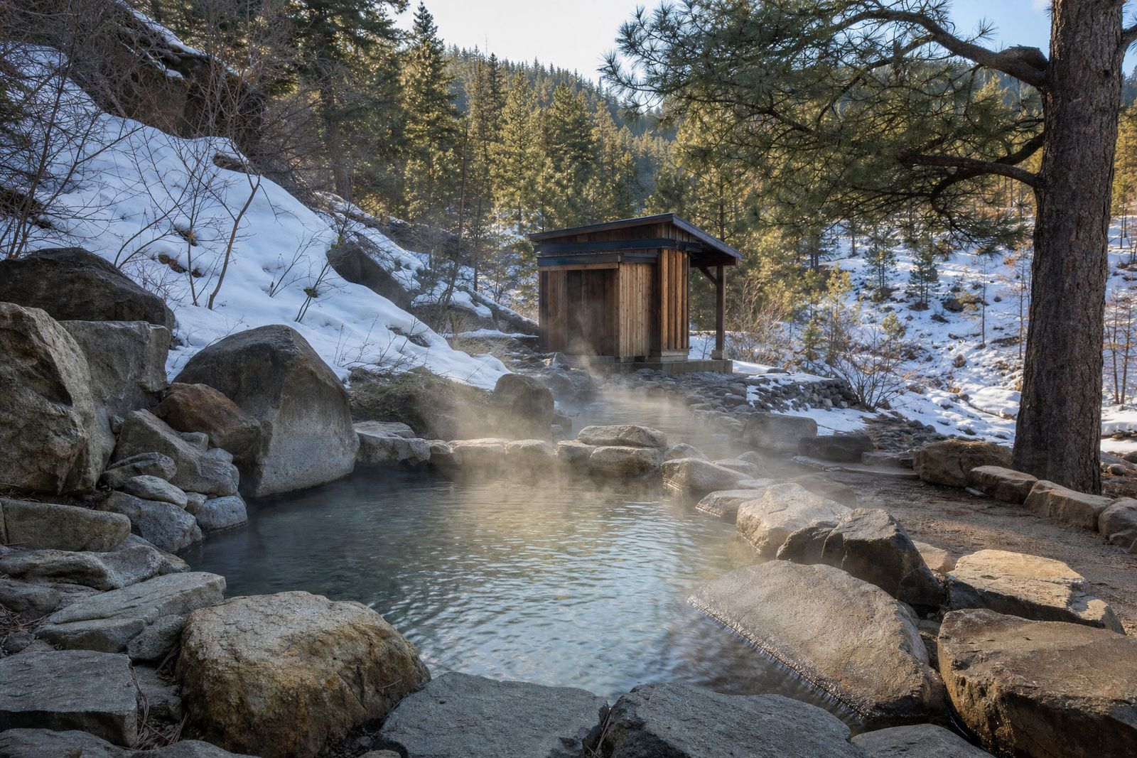 Steaming rock-lined hot spring pool in the snow