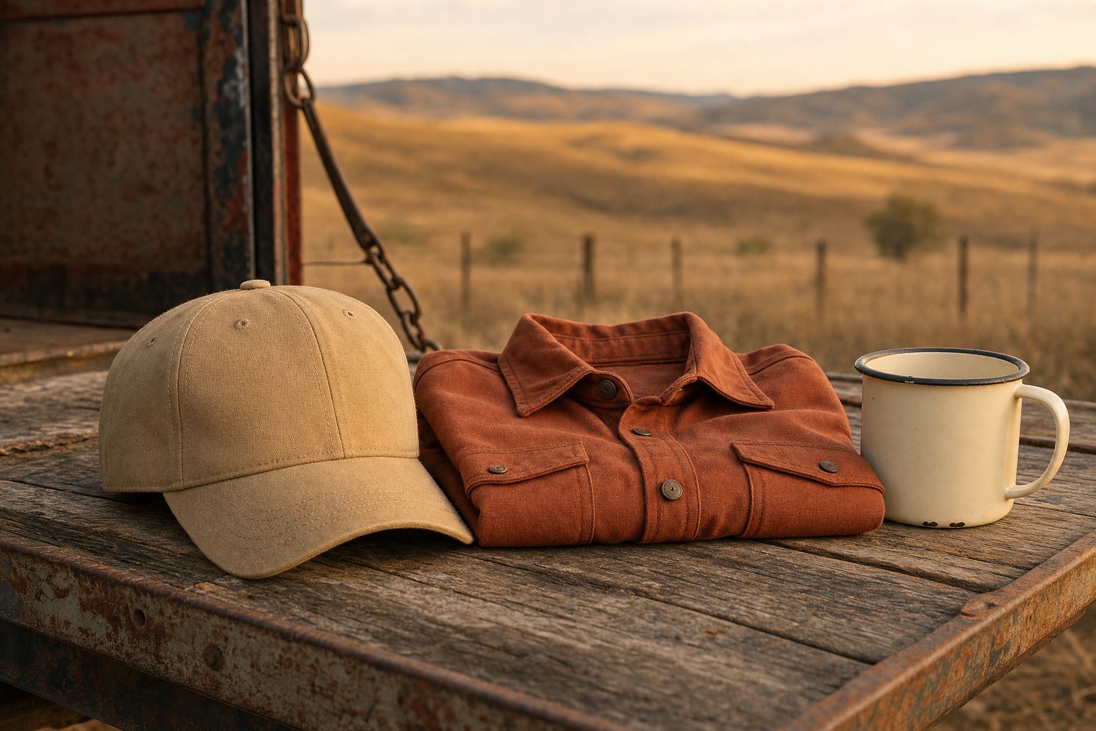 Canvas cap, work shirt and camp mug on a tailgate
