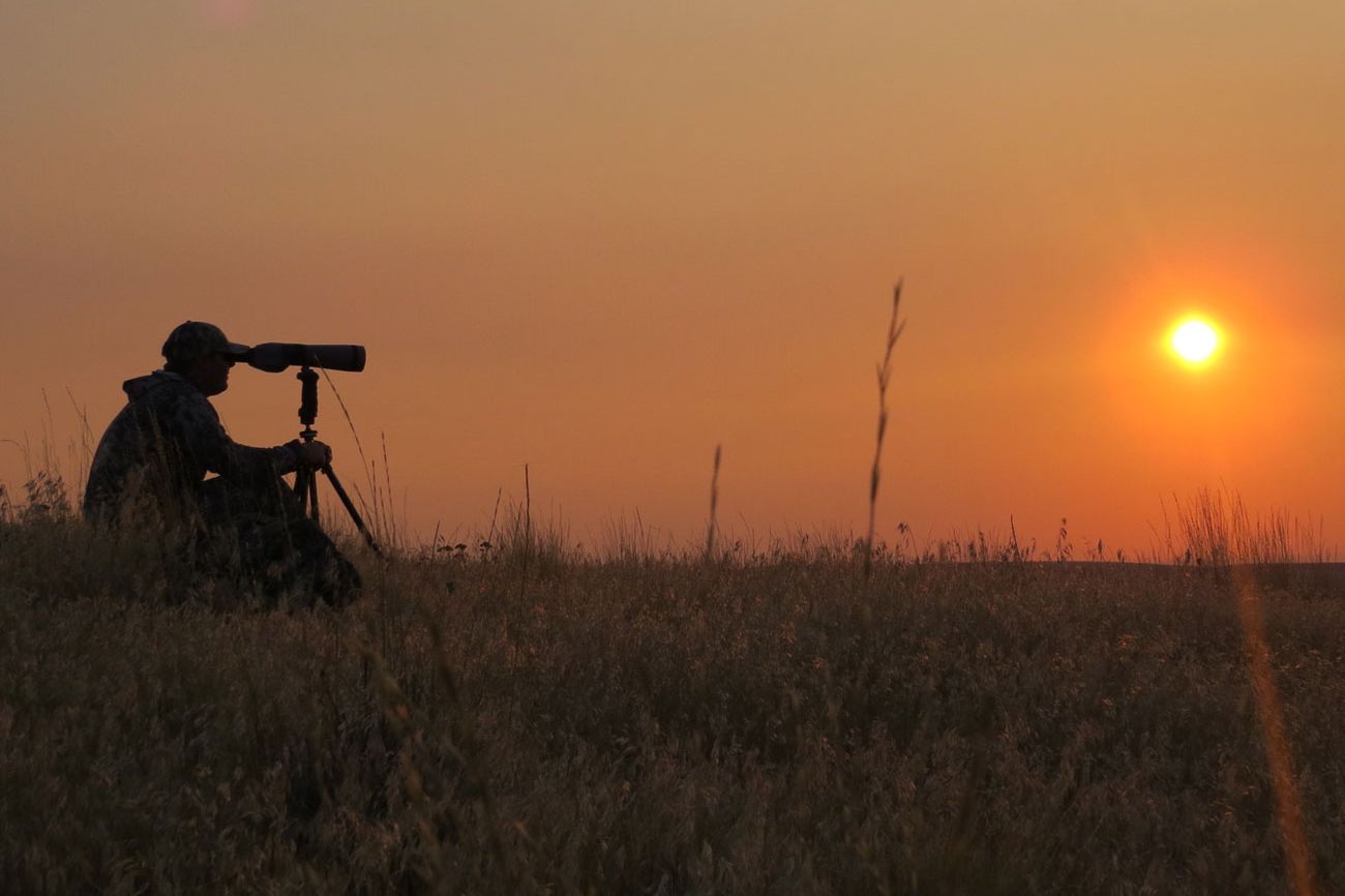Hunter glassing from a ridge at sunset