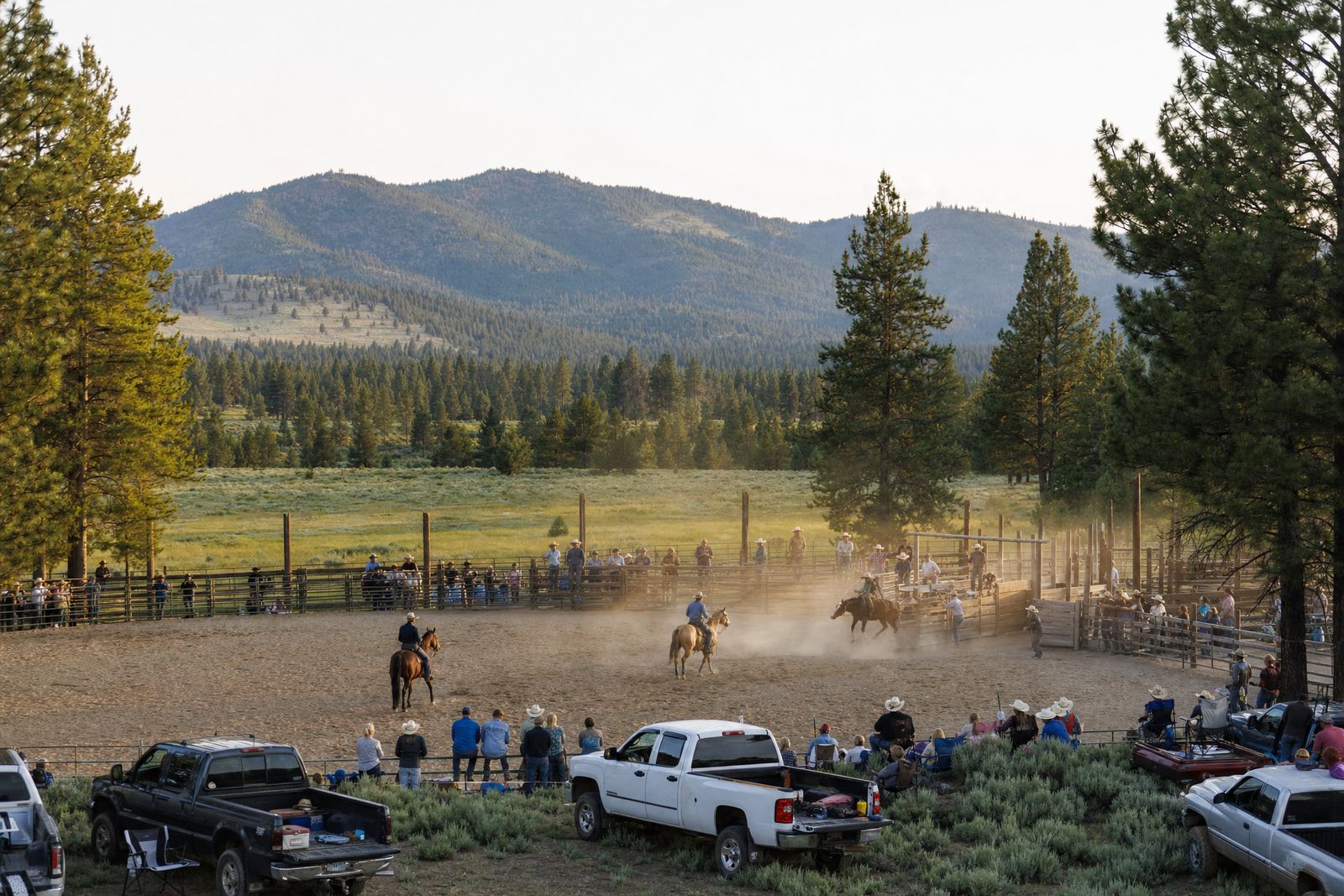Small rodeo arena in a mountain meadow ringed by pines