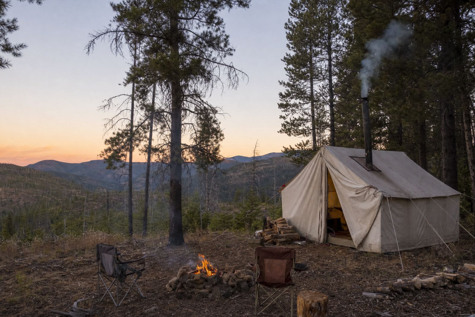 Canvas wall tent with a smoking stovepipe and a campfire