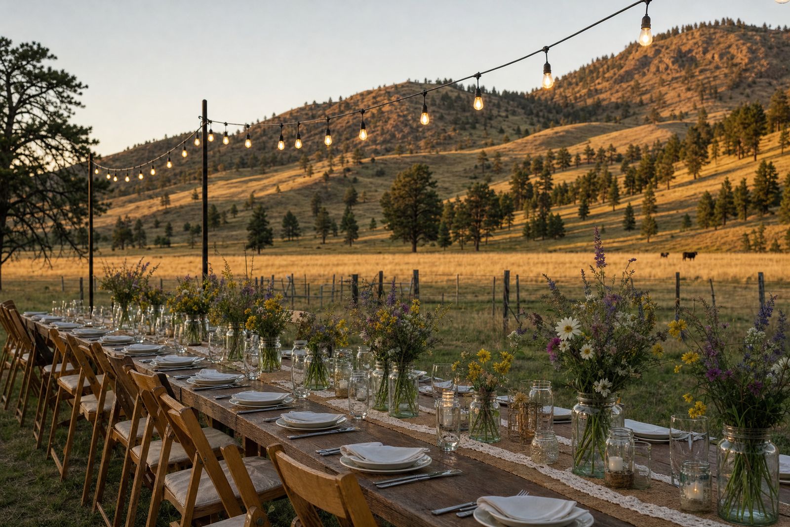 Long table set for dinner in a ranch meadow at golden hour